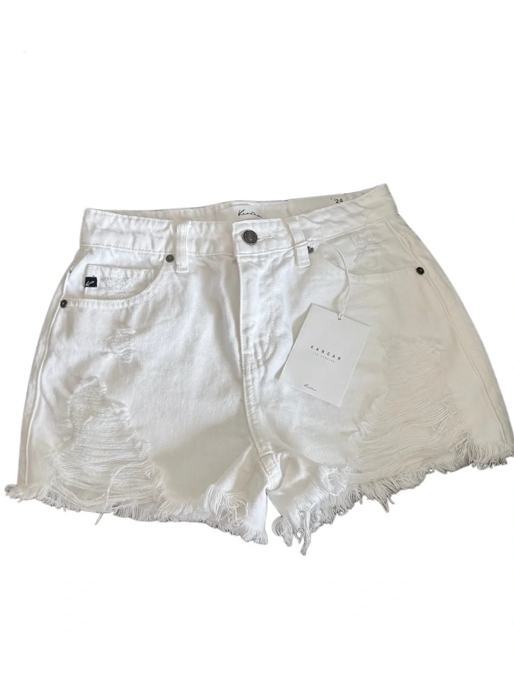 KANCAN Beach Summer White Distressed High Rise Stretch Denim Shorts
